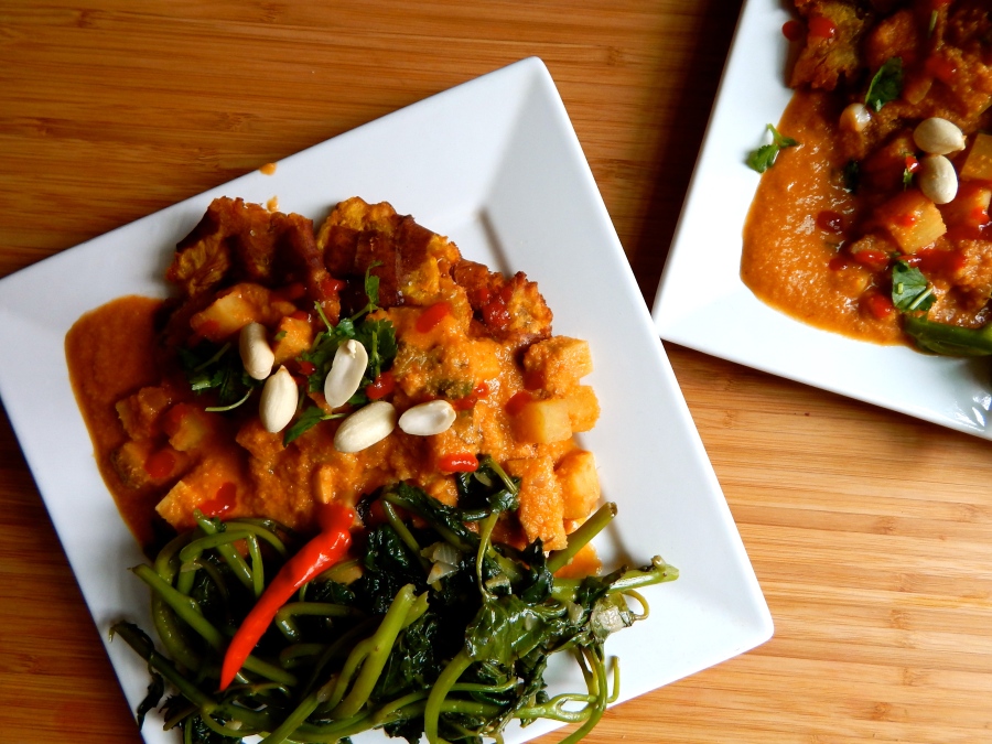 peanut and sweet potato stew with greens and fried plantains
